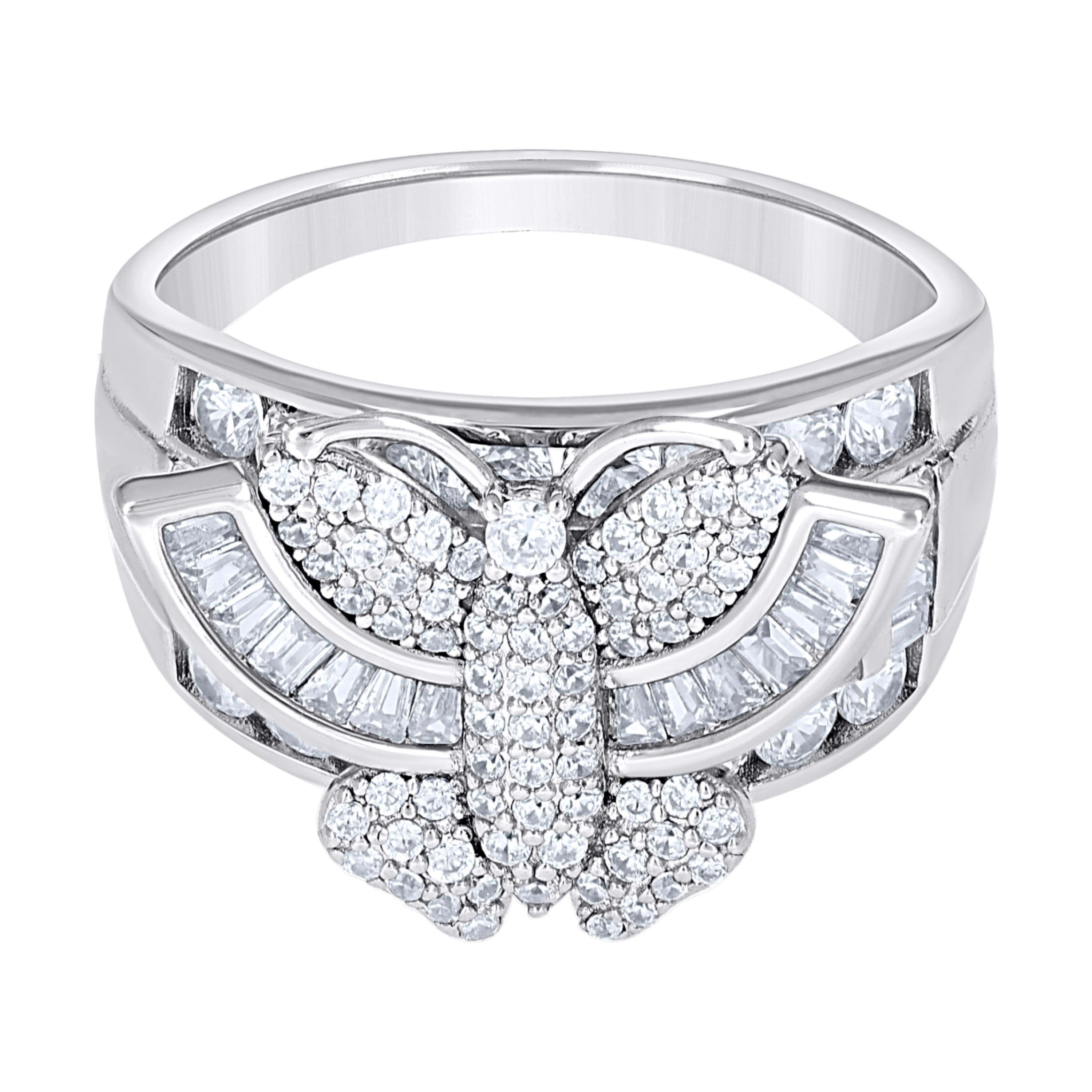 925 Sterling Silver Womens Baguette Round Cubic-Zirconia Butterfly Rin
