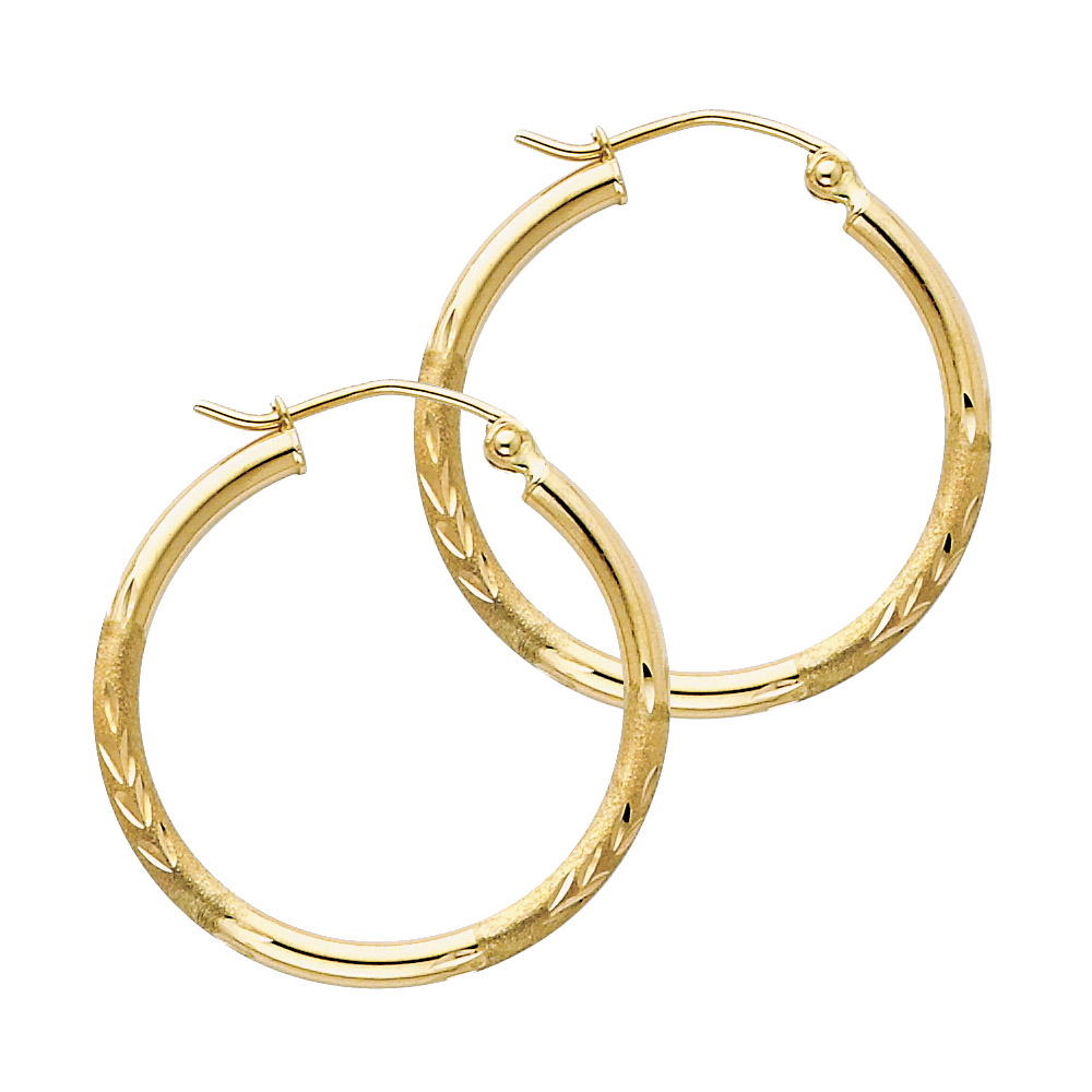14KY 2mm Budded DC Round Tube Hoop Earrings (25mm)