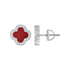 925 Sterling Silver Womens Cubic-Zirconia Red Clover Good Luck Stud Ea