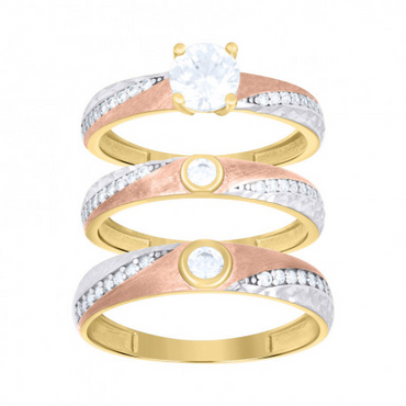10kt Tri-Color Gold Cubic-Zirconia Wedding Trio Ring Set
