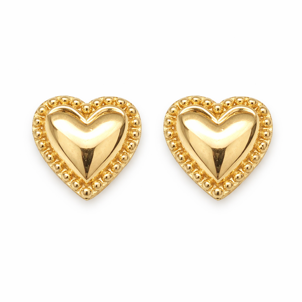 10KT Yellow Gold 12MM Heart Earrings with Beaded Border FREE ENGRAVING