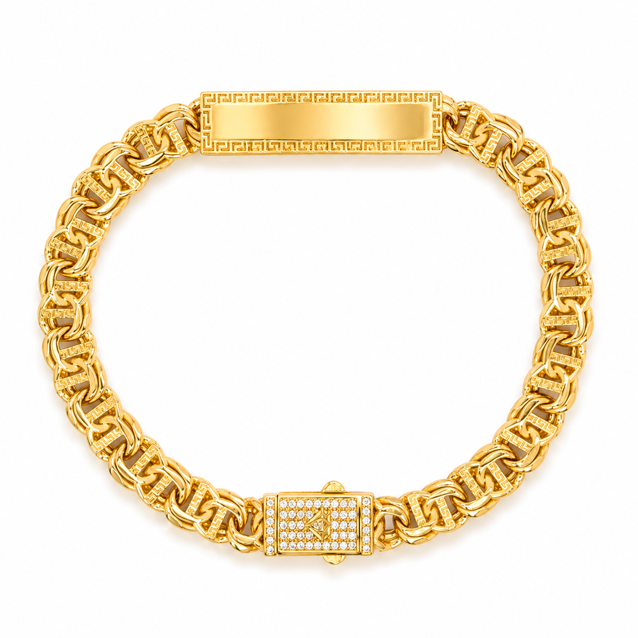 10KT Gold 7MM Chino Bar Bracelet with Greek Bars, Greek Border 7.5 In