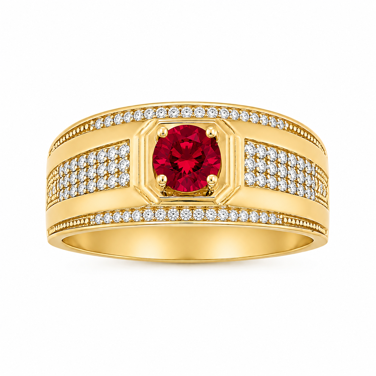 10KT Yellow Gold Mens Ring with Red Stone