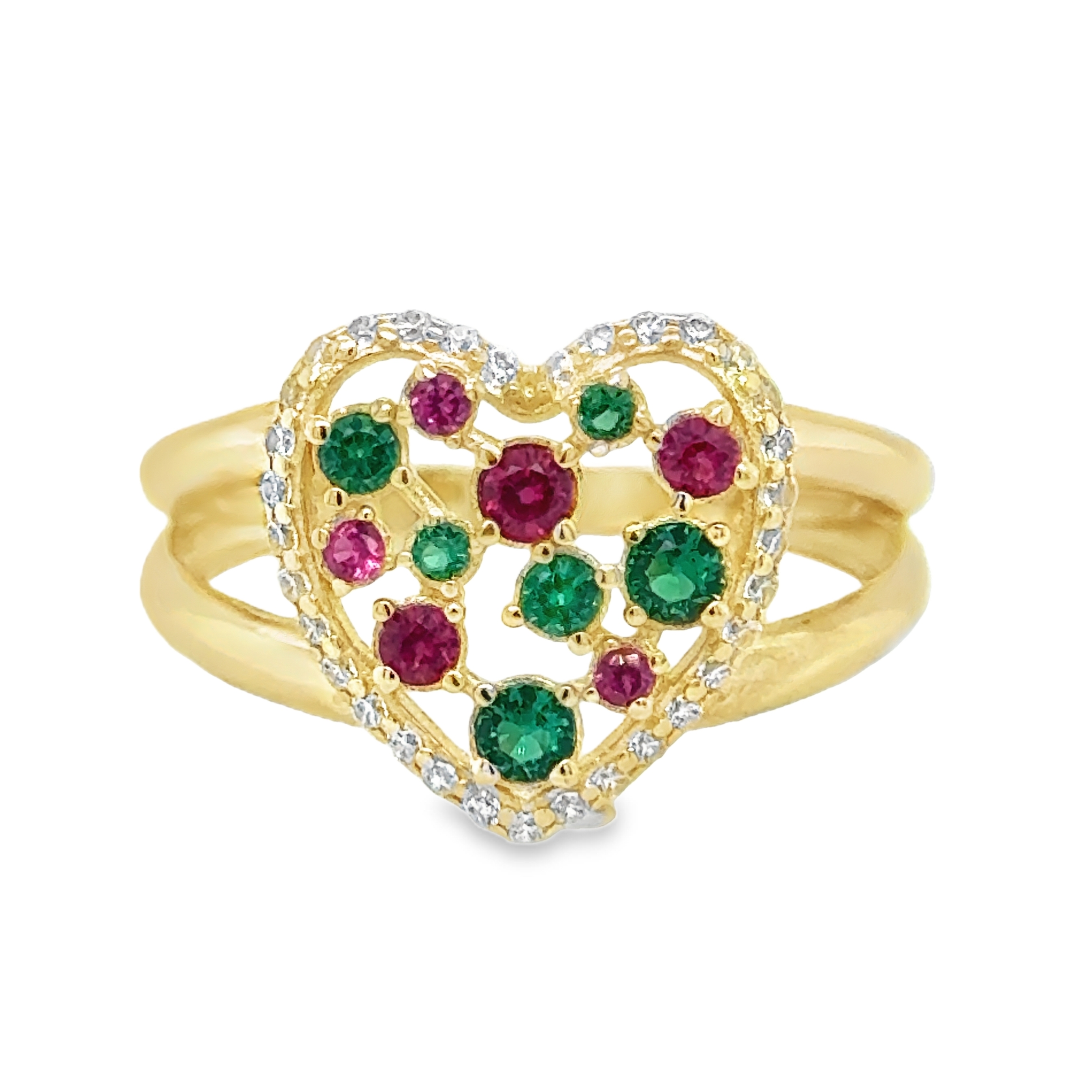 10KT Gold Heart Ring with Red and Green Stones