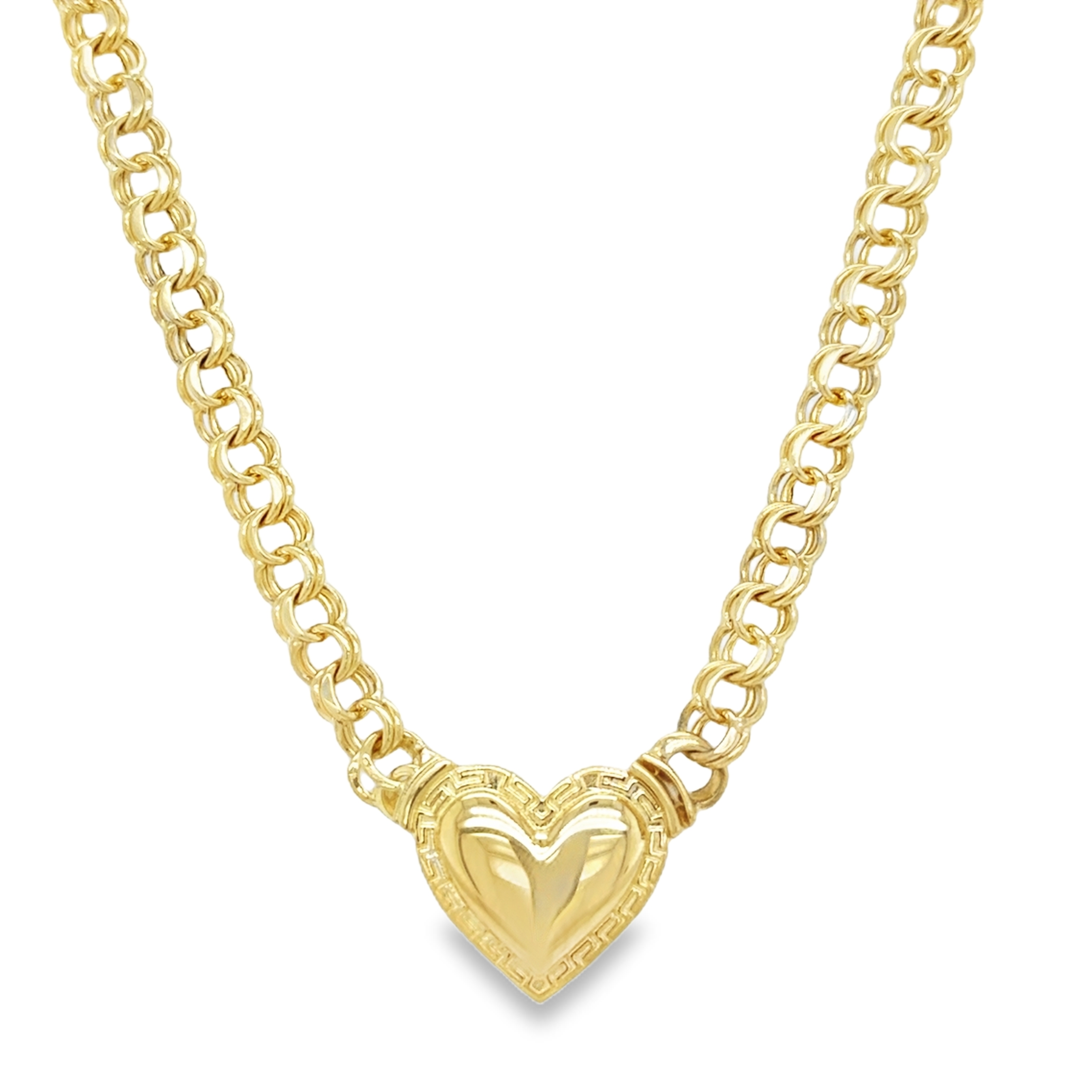 10KT Gold 5MM Chino Link Monaco Heart Chain with Greek Border 18"