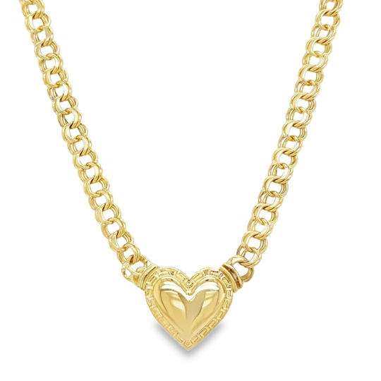 10KT Gold 5MM Chino Link Monaco Heart Chain with Greek Border 16 Inche