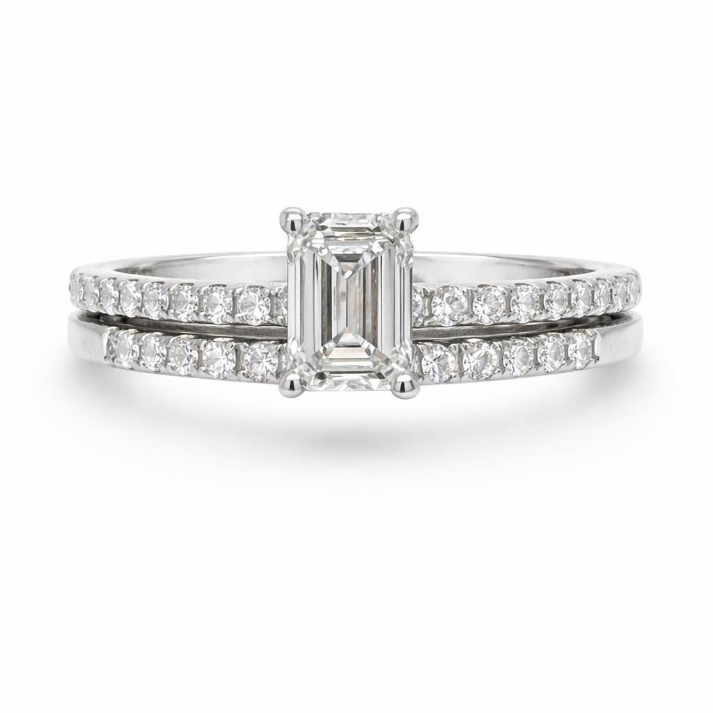 1.52CTTW Lab-Created Emerald Cut Diamond Engagement Ring and Wedding B