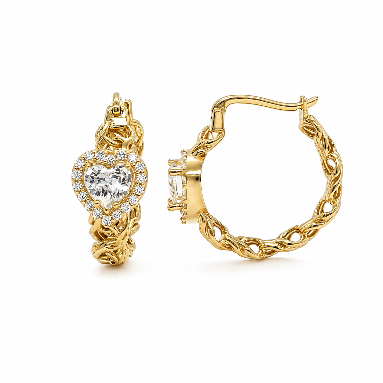 10KT Gold Chino Hoop Earrings with White Heart Stone 20MM