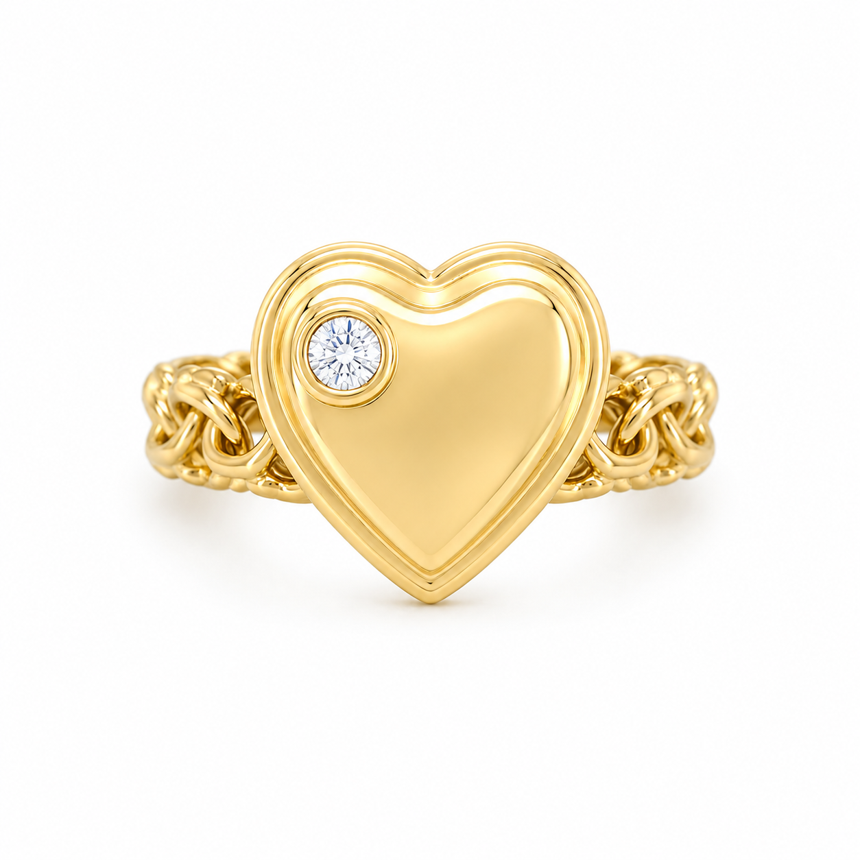 10KT Gold Chino Link Heart Ring with White CZ FREE Engraving