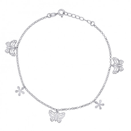 925 Sterling Silver Women Fashion Butterfly & Flower Anklet Size 10 Inches