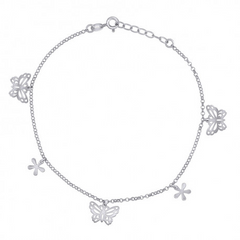 925 Sterling Silver Women Fashion Butterfly & Flower Anklet Size 10 Inches