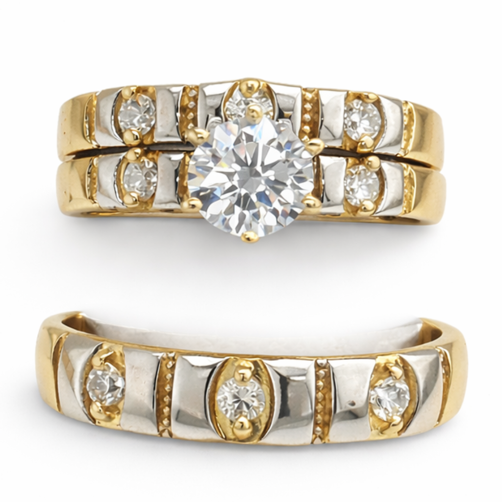 10KT Gold His and Hers Wedding Trio Set with Round CZ