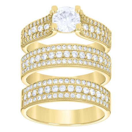 14kt Gold Womens Two-Tone CZ 3 Rows Trio His Hers Center Stone Wedding Engagement Bridal Set Ring