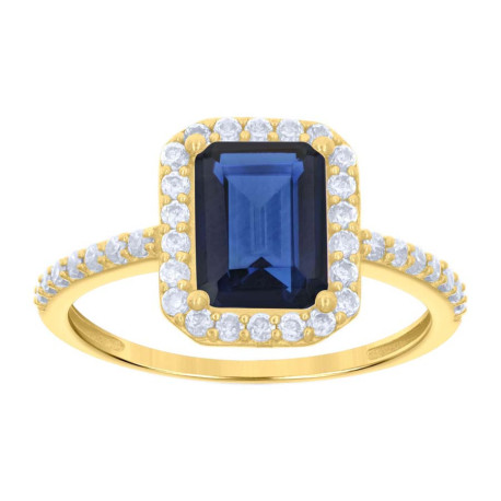 10kt Yellow Gold Womens Blue White Emerald-Cut Round Cubic-Zirconia Engagement Ring