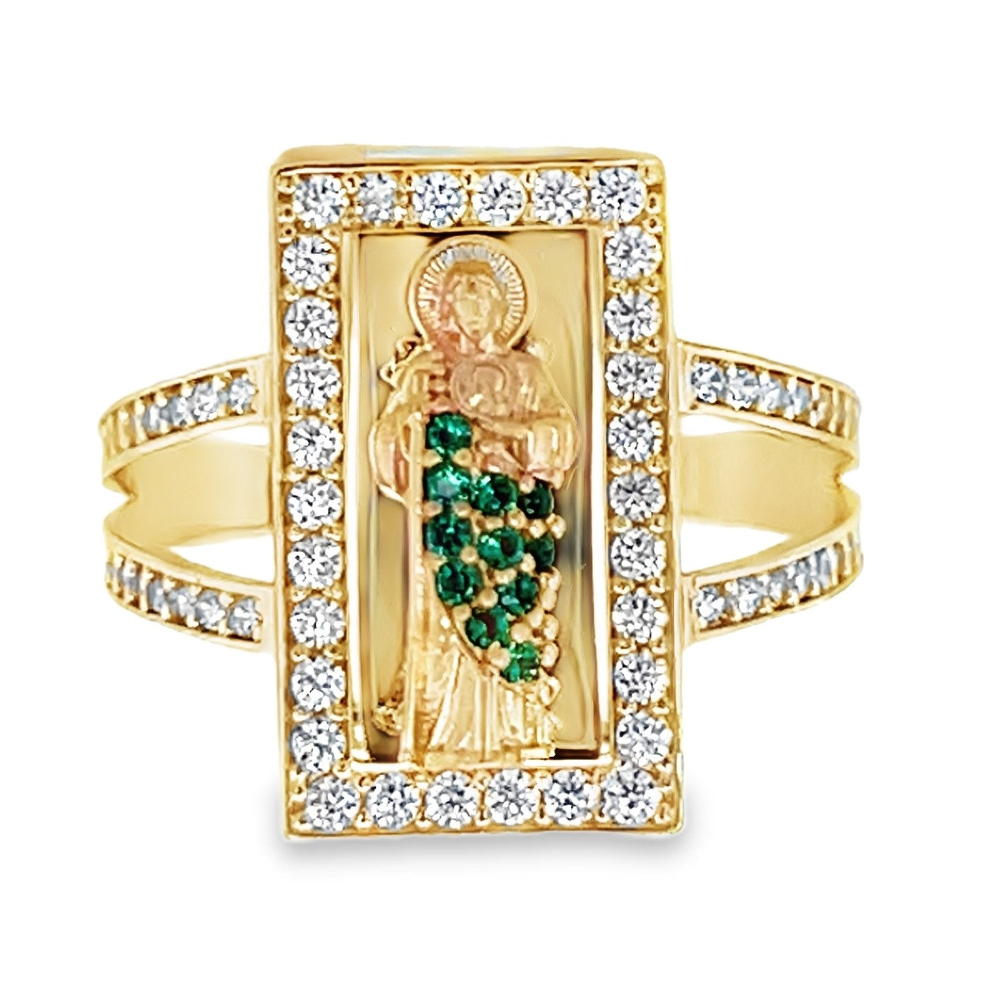 10KT Gold Ring with St. Jude San Judas Green CZ