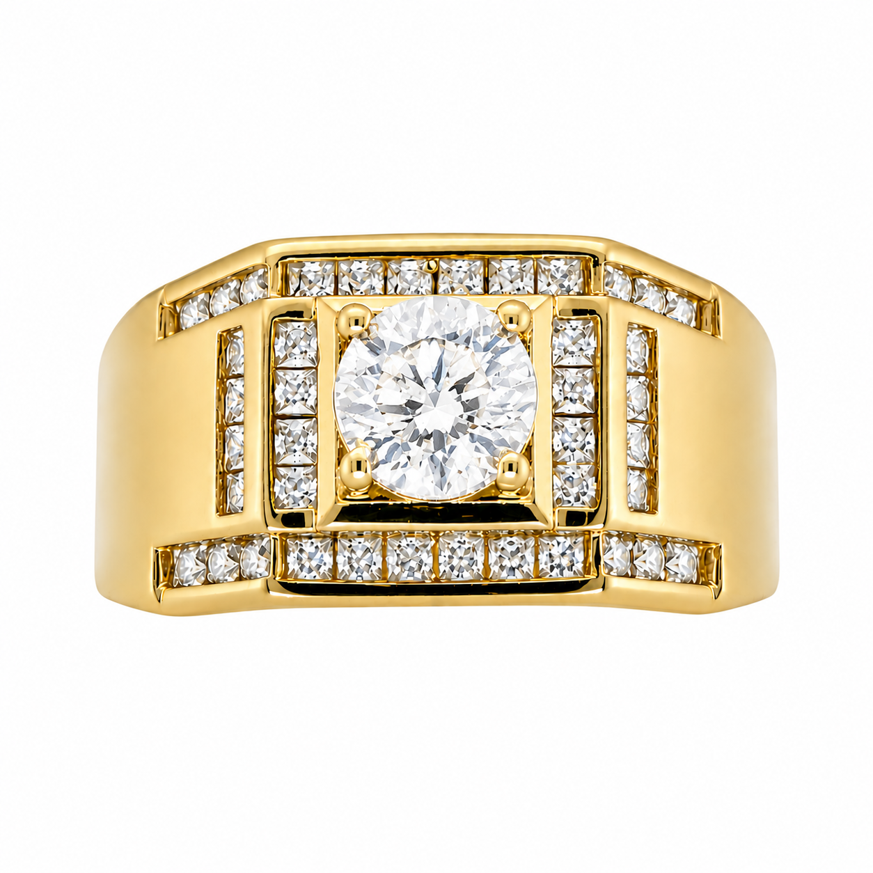 10KT Yellow Gold Mens Ring with White Stone