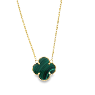 10KT Gold Double Sided Green and Diamond Cut Flower Necklace 16.5IN + 1IN Extension