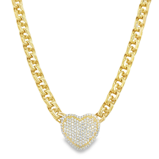 10KT Gold 6MM Chino Link Monaco Heart with CZ Chain 18 Inches. Made to
