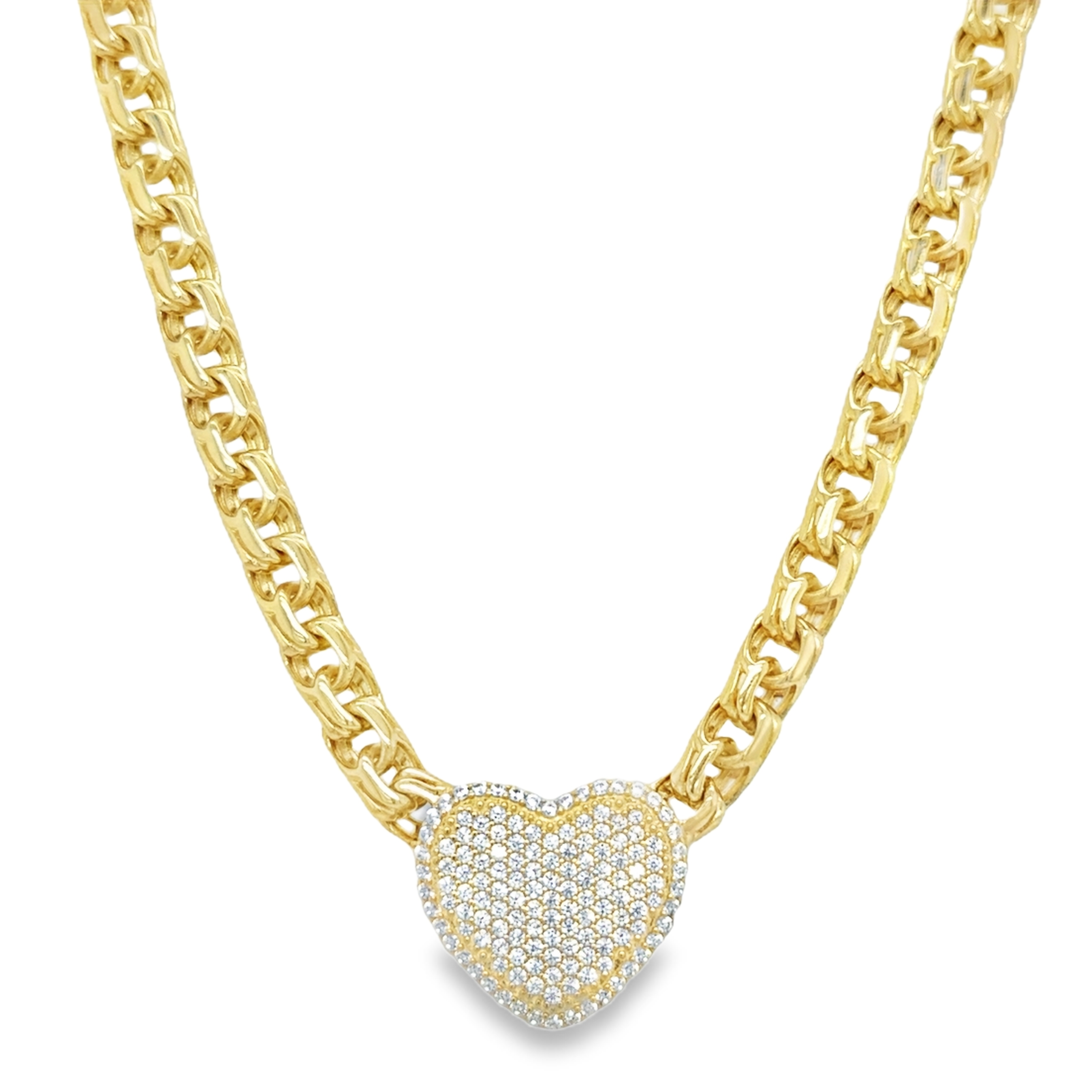 10KT Gold 6MM Chino Link Monaco Heart with CZ Chain 18 Inches. Made to