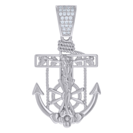 925 Sterling Silver Mens Cubic-Zirconia Anchor Crucifix Religious Charm Pendant