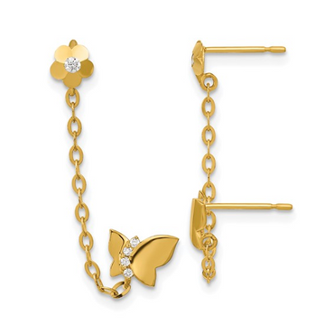 14k Double Post with Chain Butterfly and Flower Earring (Single)