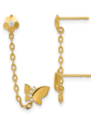 14k Double Post with Chain Butterfly and Flower Earring (Single)