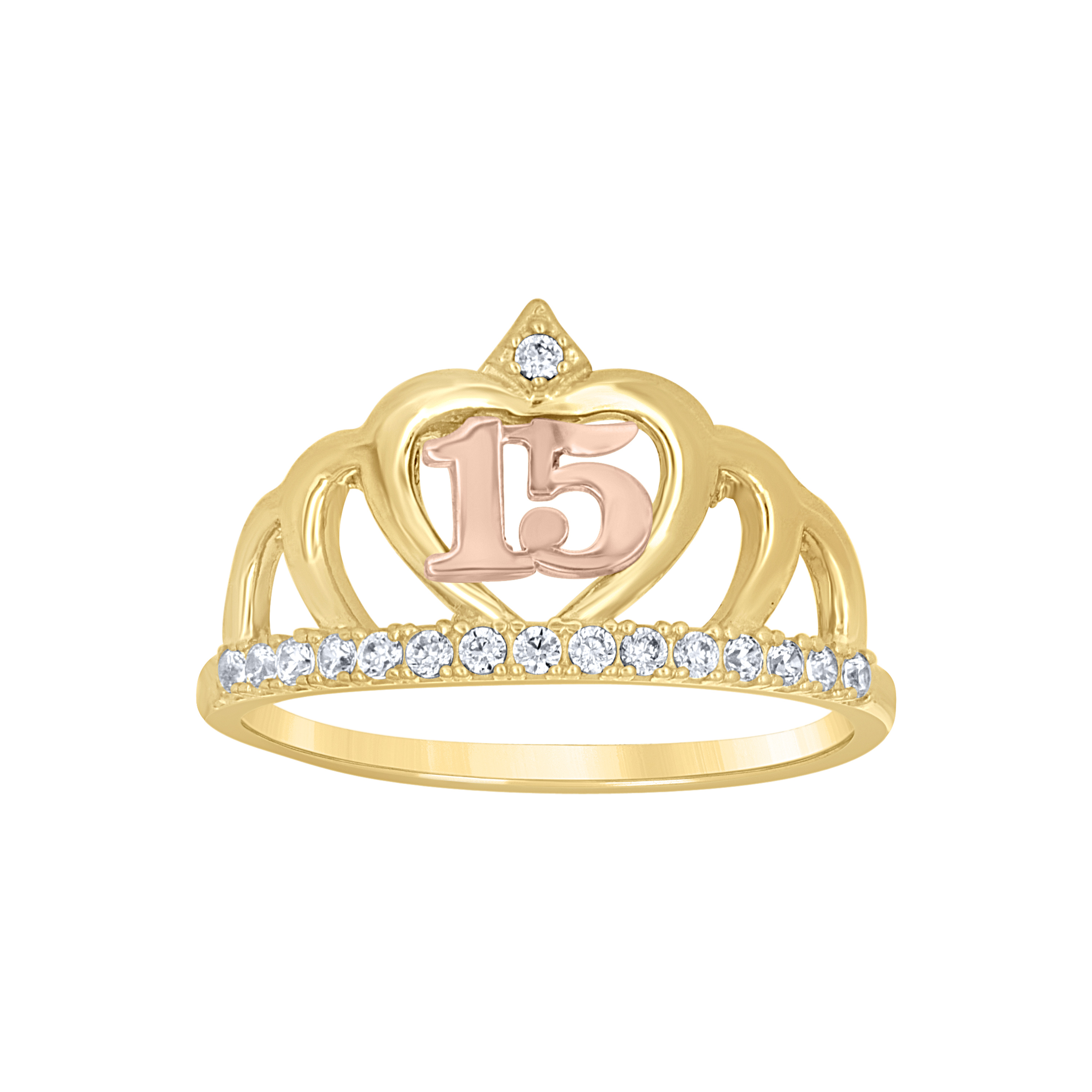 10kt Two-tone Gold Womens Cubic-Zirconia 15 Anos Crown Quinceanera Rin