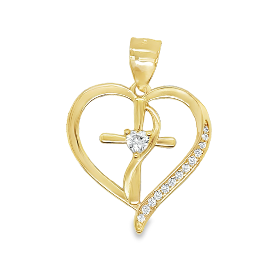 10KT YELLOW GOLD HEART WITH CROSS INSIDE WITH CZ PENDANT