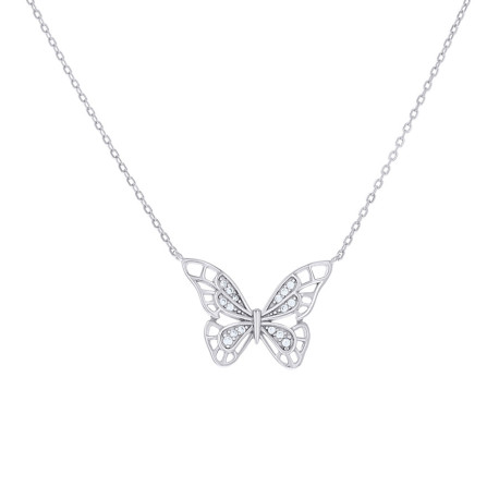 925 Sterling Silver Womens Cubic-Zirconia Butterfly Charm Necklace Siz