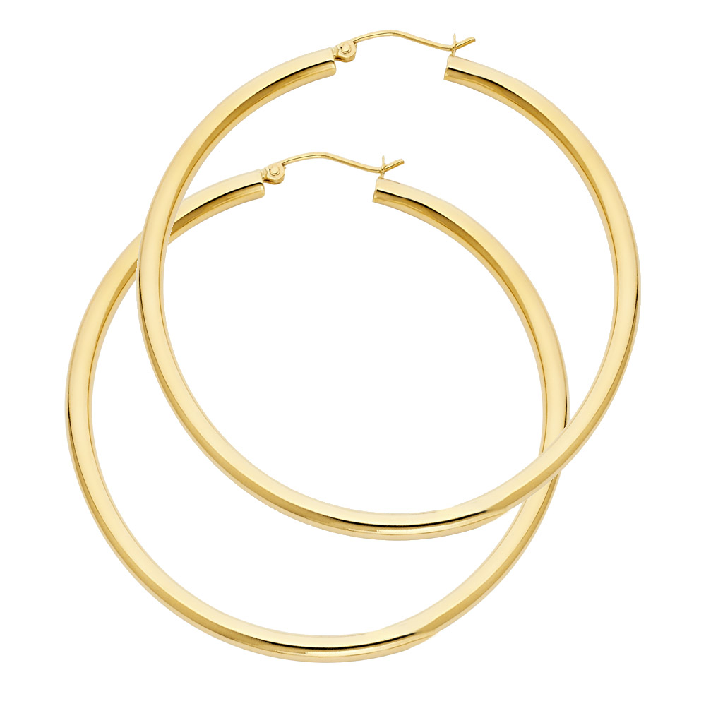 14KT Gold 3mm Plain Hoop Earrings 50MM