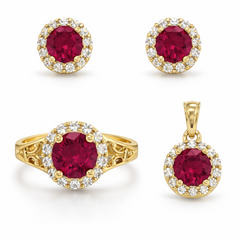 10KT Gold Ruby CZ Halo Earrings, Pendant and Ring Set