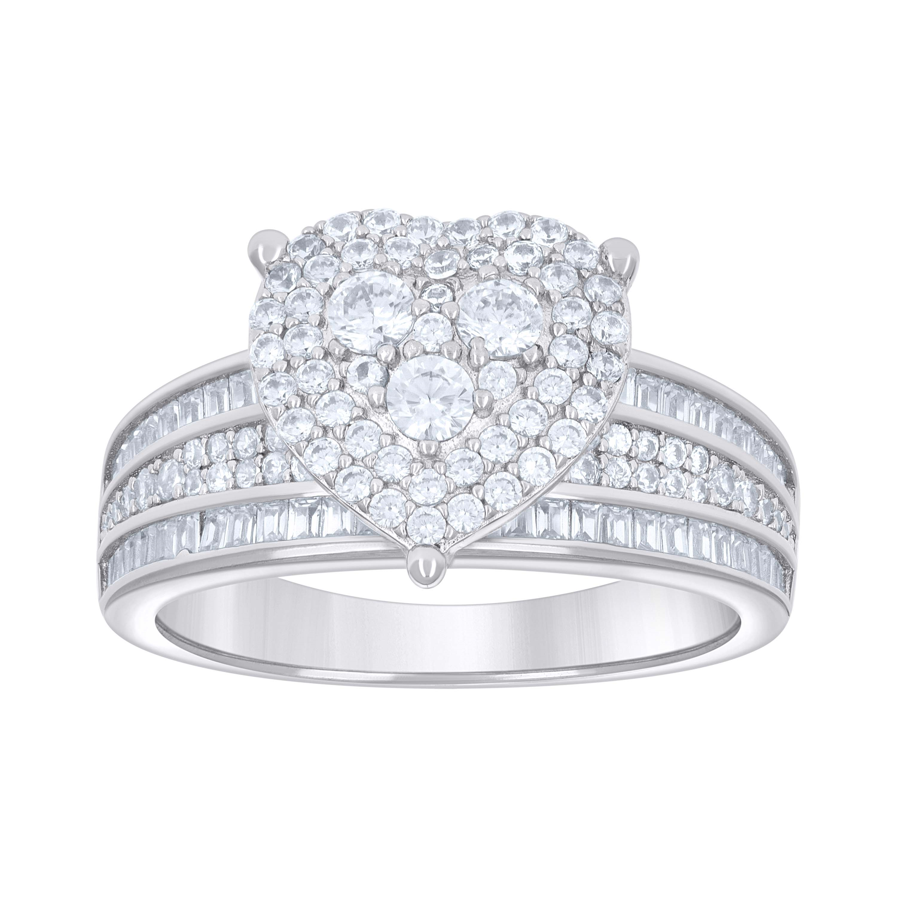 925 Sterling Silver Womens Baguette Round Cubic-Zirconia Heart Ring Si