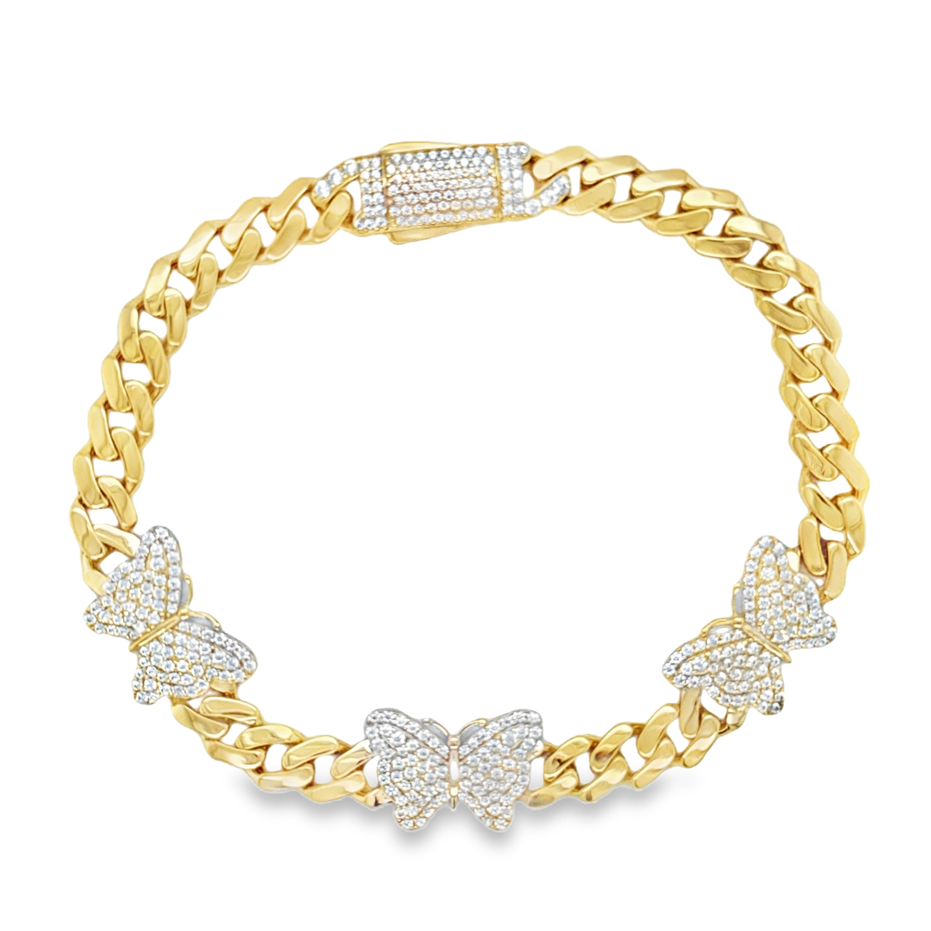 10KT Gold 6MM Cuban Monaco Butterfly Hearts CZ Bracelet 7.5 Inches