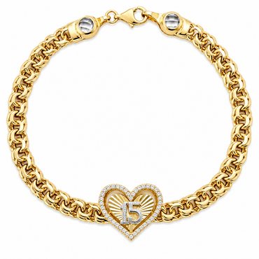 10KT Gold 5MM Chino Link Monaco Heart Bracelet with CZ Border 15 Quinc