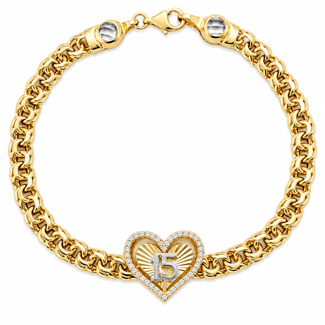 10KT Gold 5MM Chino Link Monaco Heart Bracelet with CZ Border 15 Quinc