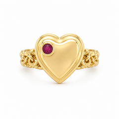 10KT Gold Chino Link Heart Ring with Red CZ FREE Engraving