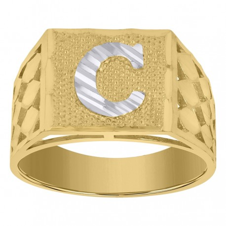 10kt Two-Tone Gold Mens Diamond-Cut Textured Initial Letter C Band Rin