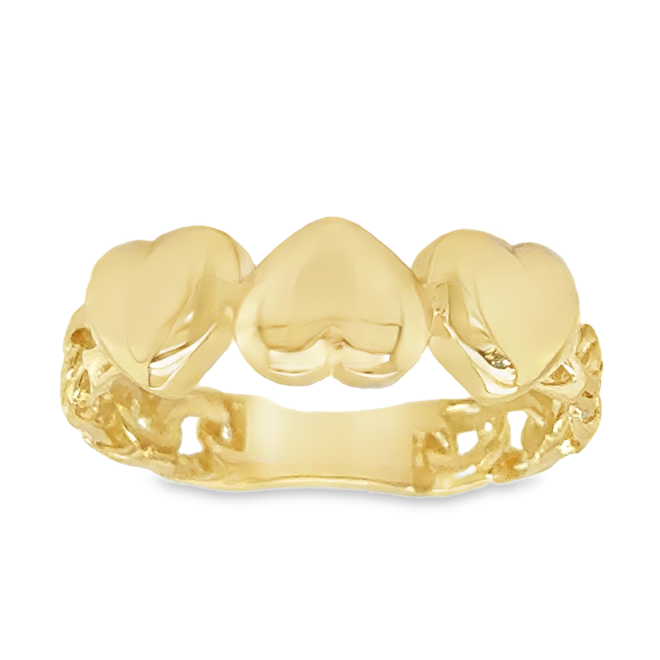 10KT Gold Chino Link Heart Ring with Triple Hearts Size 8
