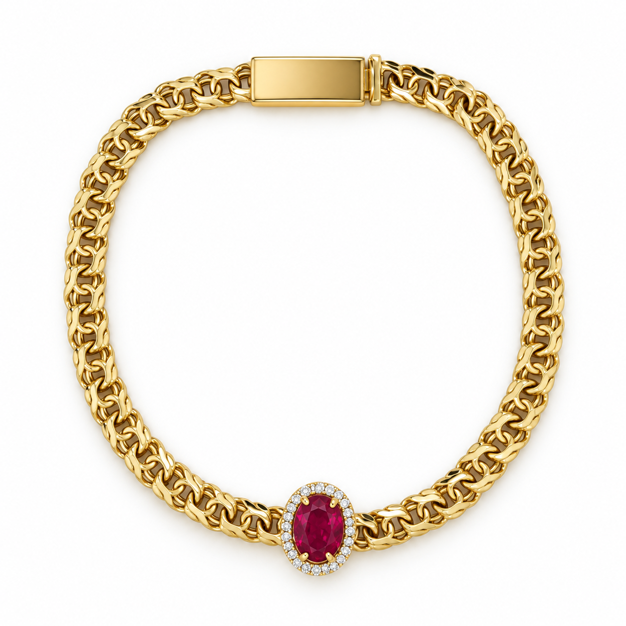 10KT Gold 5MM Chino Monaco Bracelet with Oval Ruby CZ Center 7 Inches