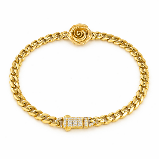 10KT Gold 5MM Cuban Monaco Rose Flower CZ Bracelet 7 Inches