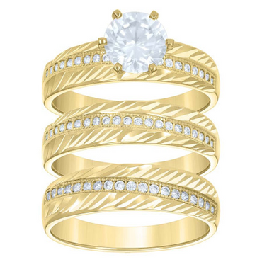 14kt Gold Womens Two-Tone Diamond-cut CZ Trio His Hers Center Stone Raised Wedding Engagement Bridal Set Ring