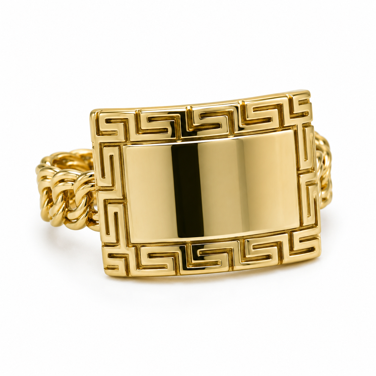 10KT Gold Tejido Chino Link Esclava Ring with Greek Border FREE ENGRAV