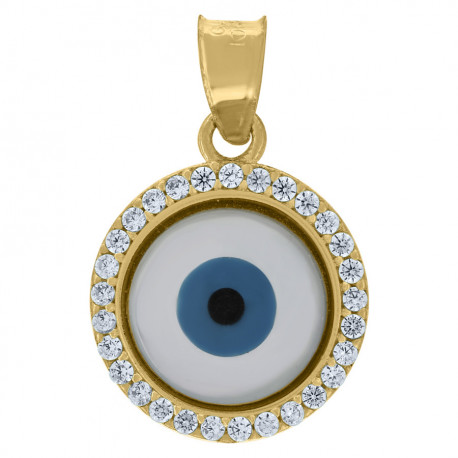 10kt Yellow Gold Unisex Cubic-Zirconia Evil Eye Blue White Enamel Char
