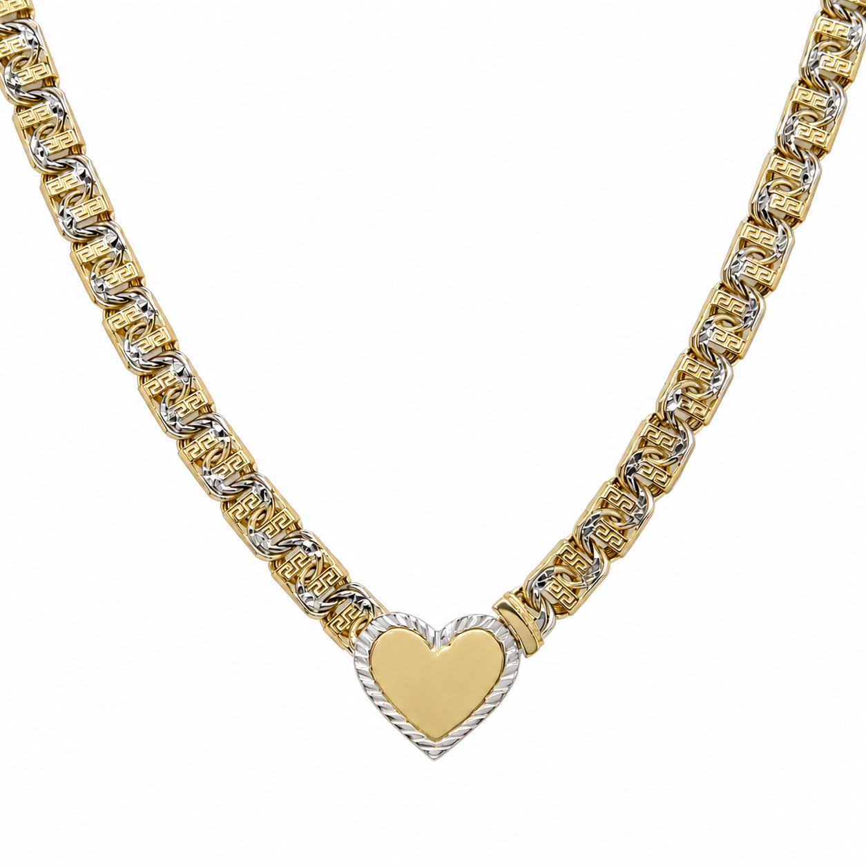 10KT Gold 5MM Chino Bar Heart Chain with Greek Bars, Diamond Cut Links