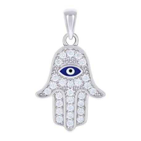 925 Sterling Silver Unisex Cubic-Zirconia Enameled Evil Eye Hamsa Pendant