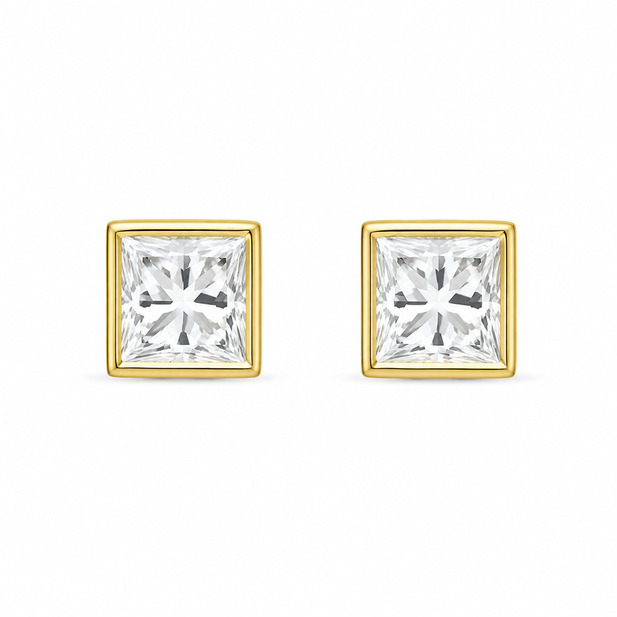10KT Gold 6MM White CZ Princess Cut Stud Earrings with Screwback Ball