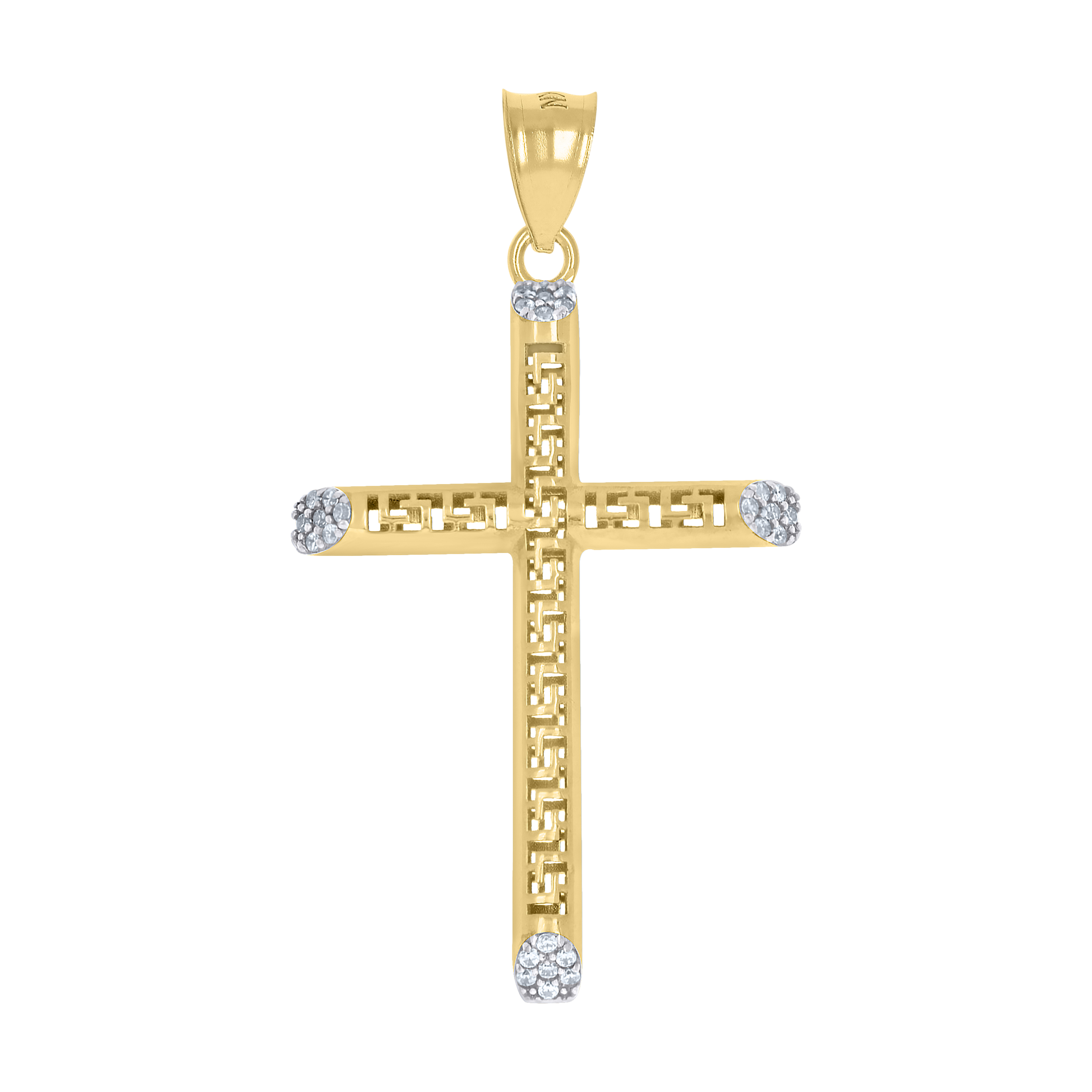 10KT Gold Cross with Greek Pattern and CZ 40MM Plus Bail
