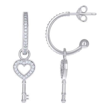 925 Sterling Silver Womens Cubic-Zirconia Heart Key Dangle Hoop Earrings