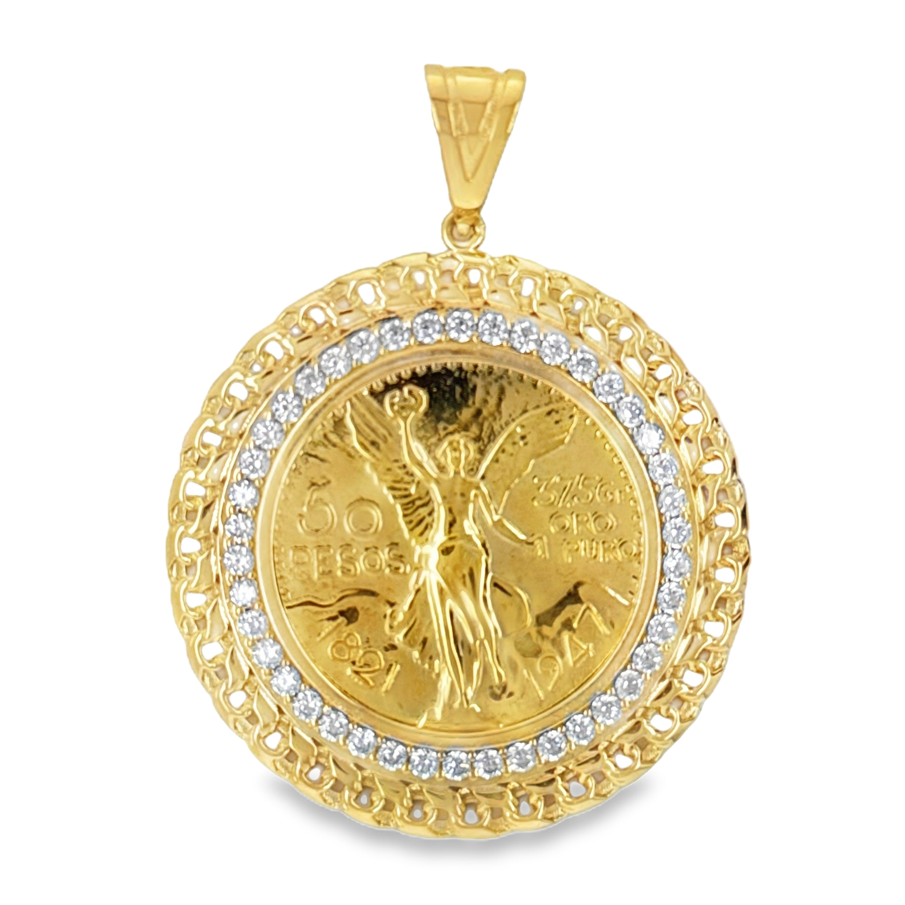 10KT Gold Tejido Chino Link Small Centenario Bezel with 10KT Gold Coin