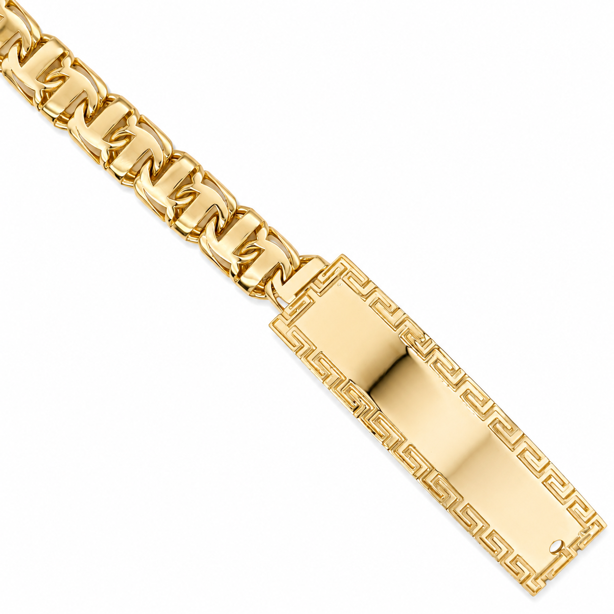 10KT Gold 10MM Chino Bar Bracelet with Greek Border 8.5Inches FREE ENG